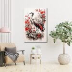 Crane Bird with Mystical Red Leaves