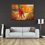 Couple with Dog in Vibrant Orange Painting