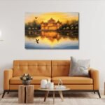 Royal Palace on Calm Lake at Sunset with Soaring Bird