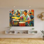 The Vibrant Painting of Men Playing Drums captures the dynamic energy of drummers in action, as they rhythmically beat their drums in a celebration of sound and movement. The piece showcases
