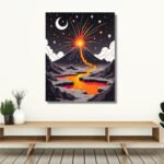 Volcano Eruption with Lava Flow Under Starry Night