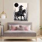Western Cowgirl Riding Horse Black & White Art