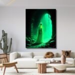 ethereal figure among skeleton artwork