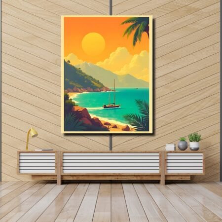 Ship on mountain beach artwork